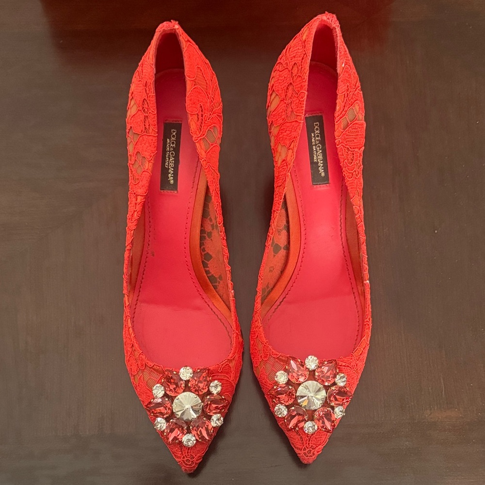 Dolce & Gabbana Red Lace Heels with Embellishments